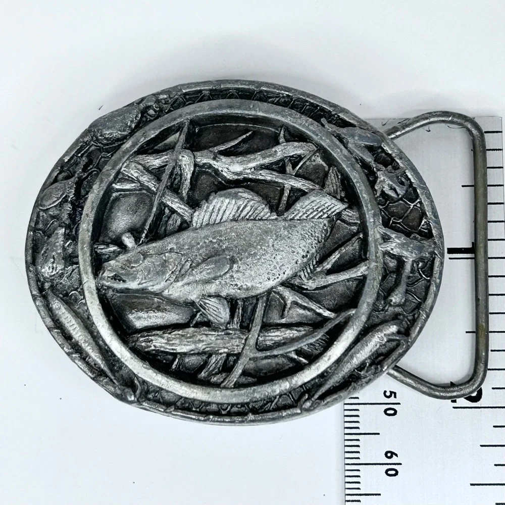 Vintage 1988 Walleye Fish BERGAMOT BRASS WORKS Belt Buckle USA Made Pewter Tone